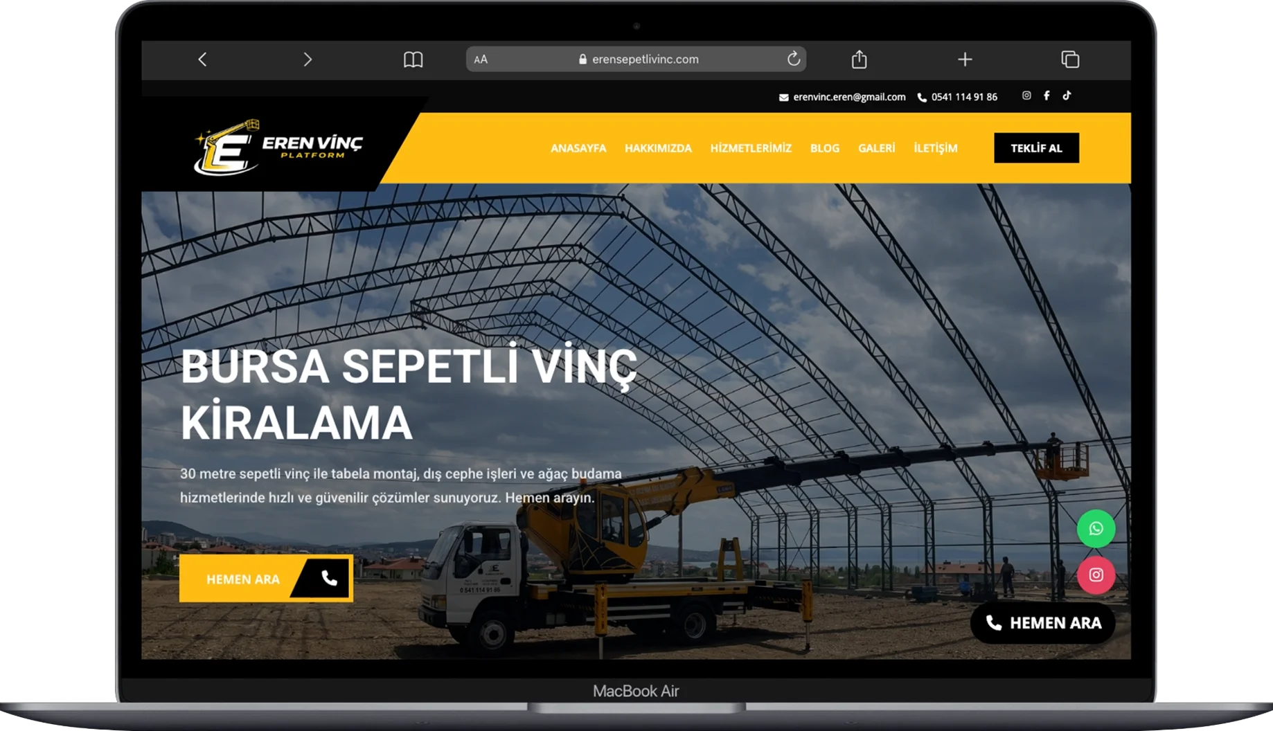 Eren Sepetli Vinç Hizmetleri web sitesi